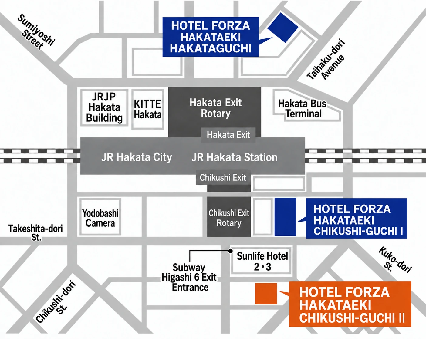 Map of the three Hotel Forza properties around Hakata Station. Chikushi-Guchi II is highlighted in orange.