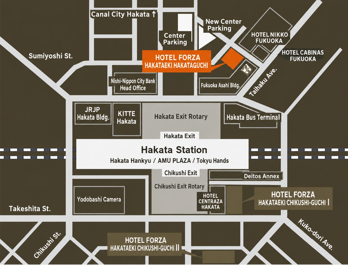Map showing the three Hotel Forza properties around Hakata Station. Hakataguchi is highlighted in orange.