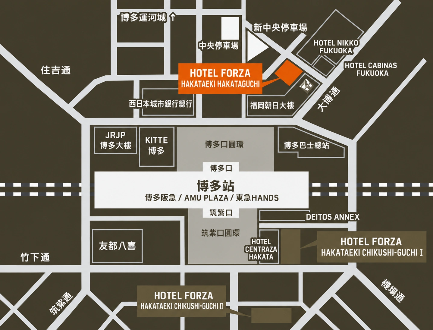 博多站周邊3家Hotel Forza的位置圖。博多口飯店以橘色標示。